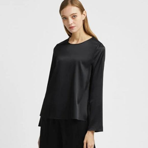 Theory NWOT True Black Flat Sateen Flared Long Slit Sleeves Pullover Blouse - Picture 6 of 8